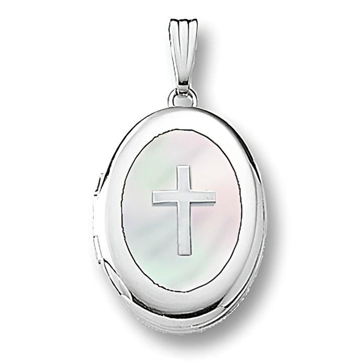 14K White Gold Mother Of Pearl Cross Oval Photo Locket