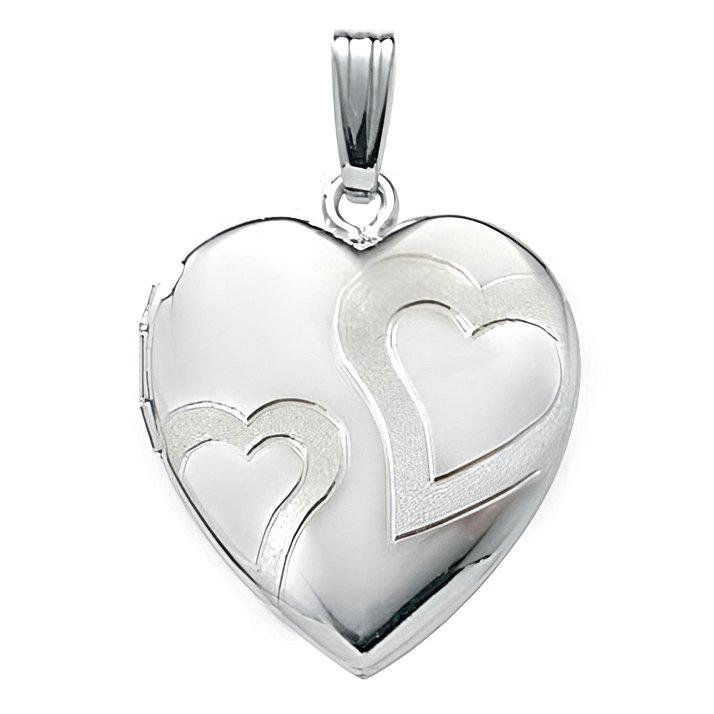 14K White Gold Double Heart Photo Locket