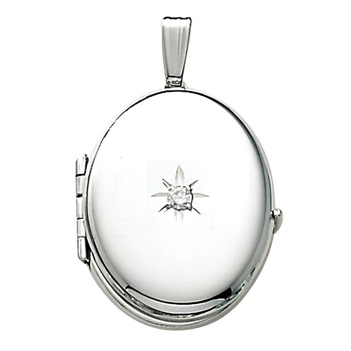 14K White Gold Oval 4 Photo Locket With Diamond