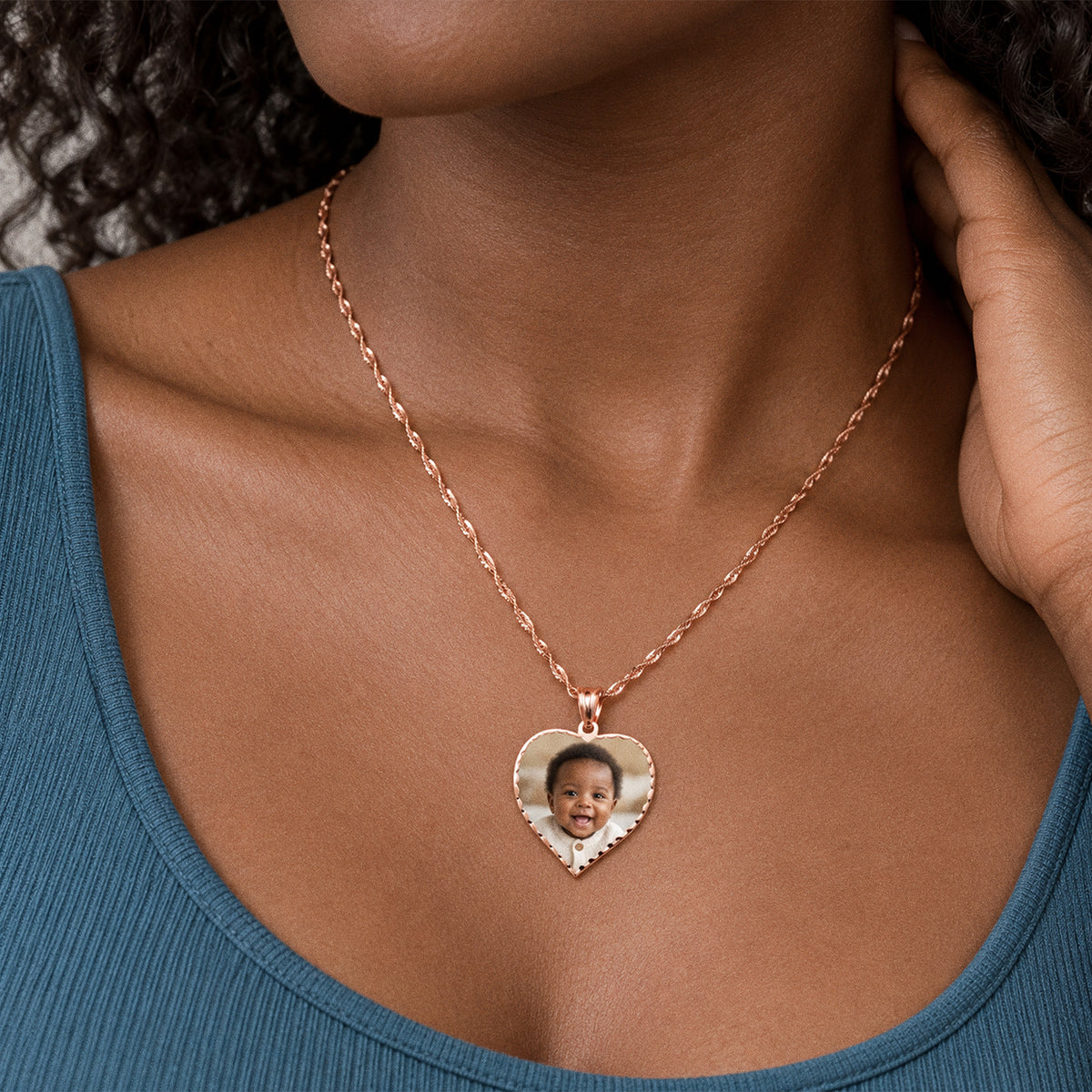 Heart Photo Pendant with Diamond Cut Edge - on model