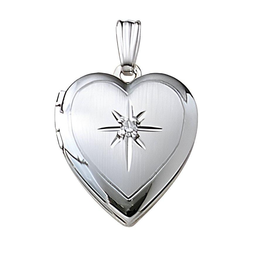 14K White Gold Heart Locket W/ Genuine Diamond