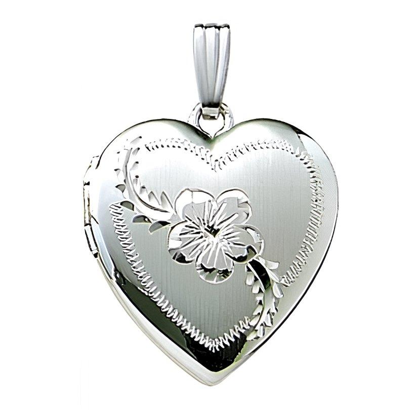 14K White Gold Floral Heart Photo Locket