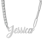 Half CZ Chain and Paper Clip Name Necklace