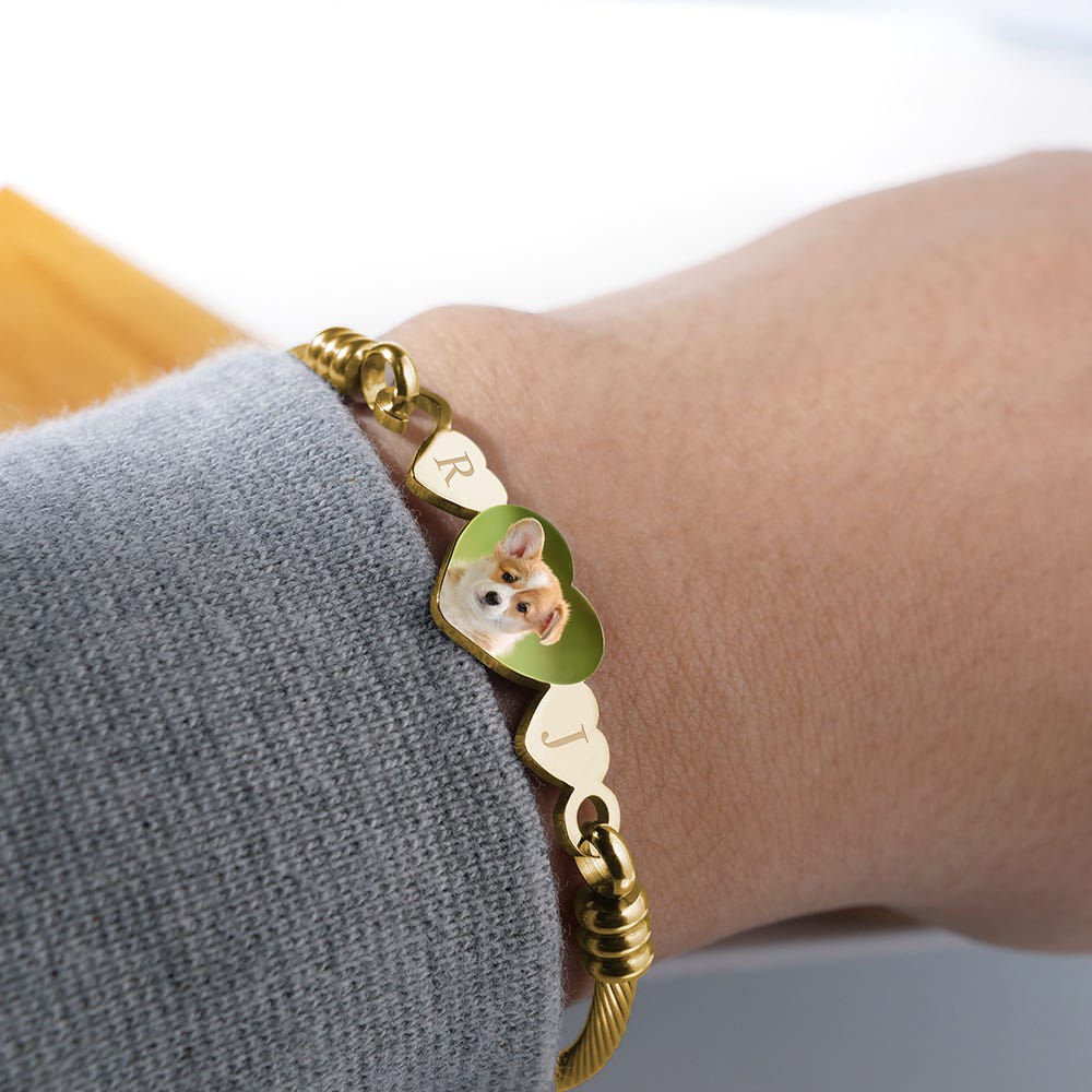 Stainless Steel Photo Engraved Heart Bangle Bracelet