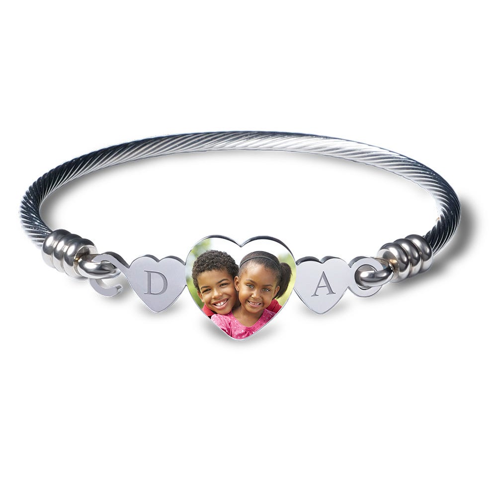 Stainless Steel Photo Engraved Heart Bangle Bracelet