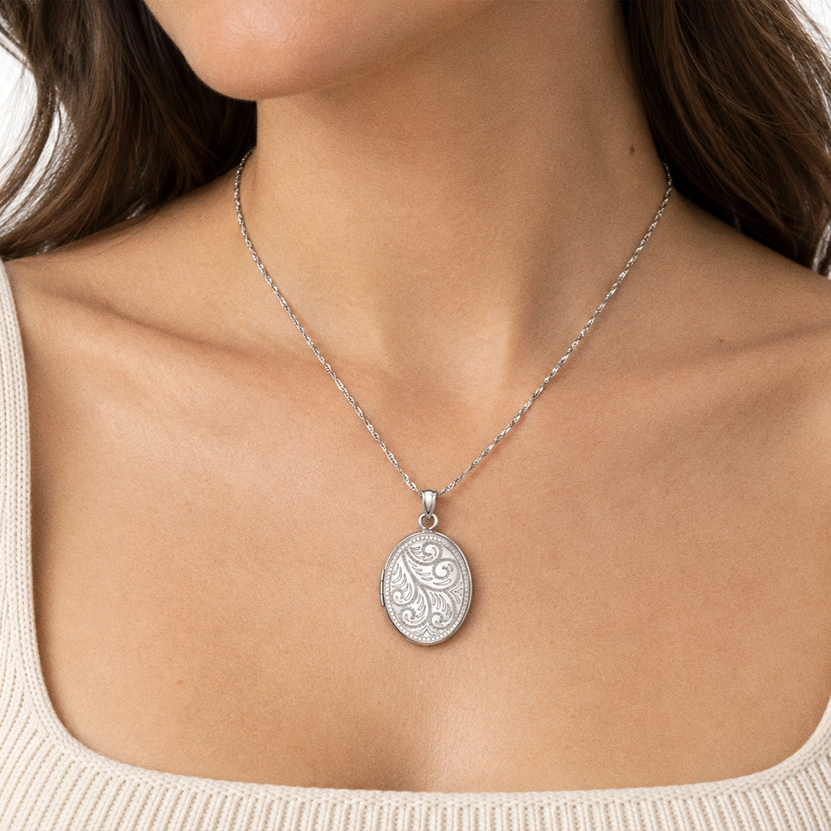Floral Oval Photo Locket - on model