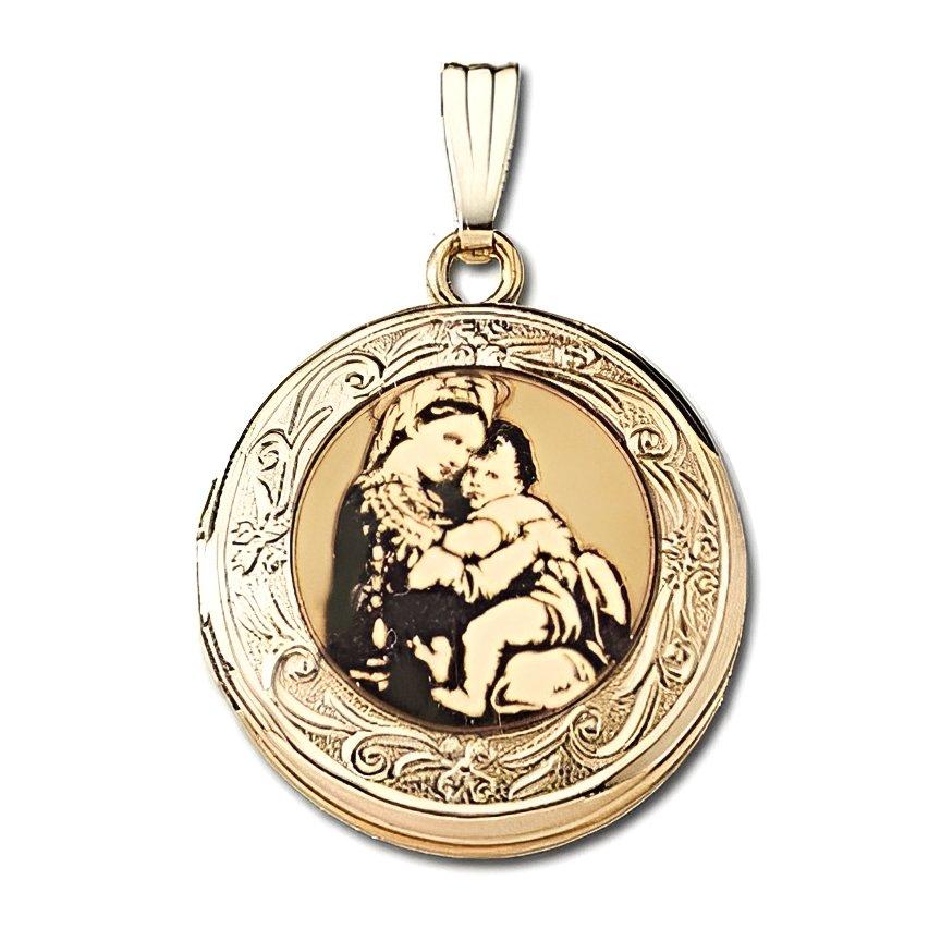 Solid 14K Yellow Gold Blessed Mother Round Photo Locket