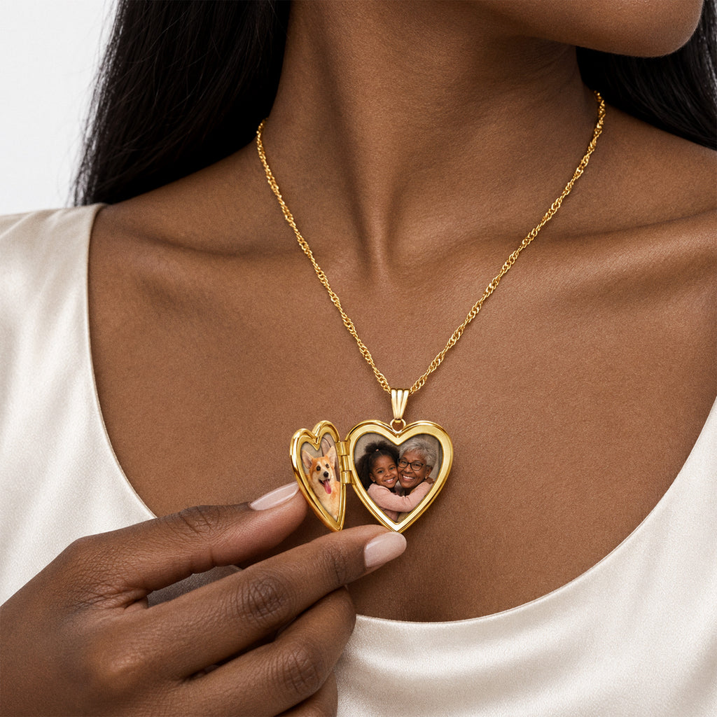 Solid 14K Yellow Gold Heart Photo Locket - on model