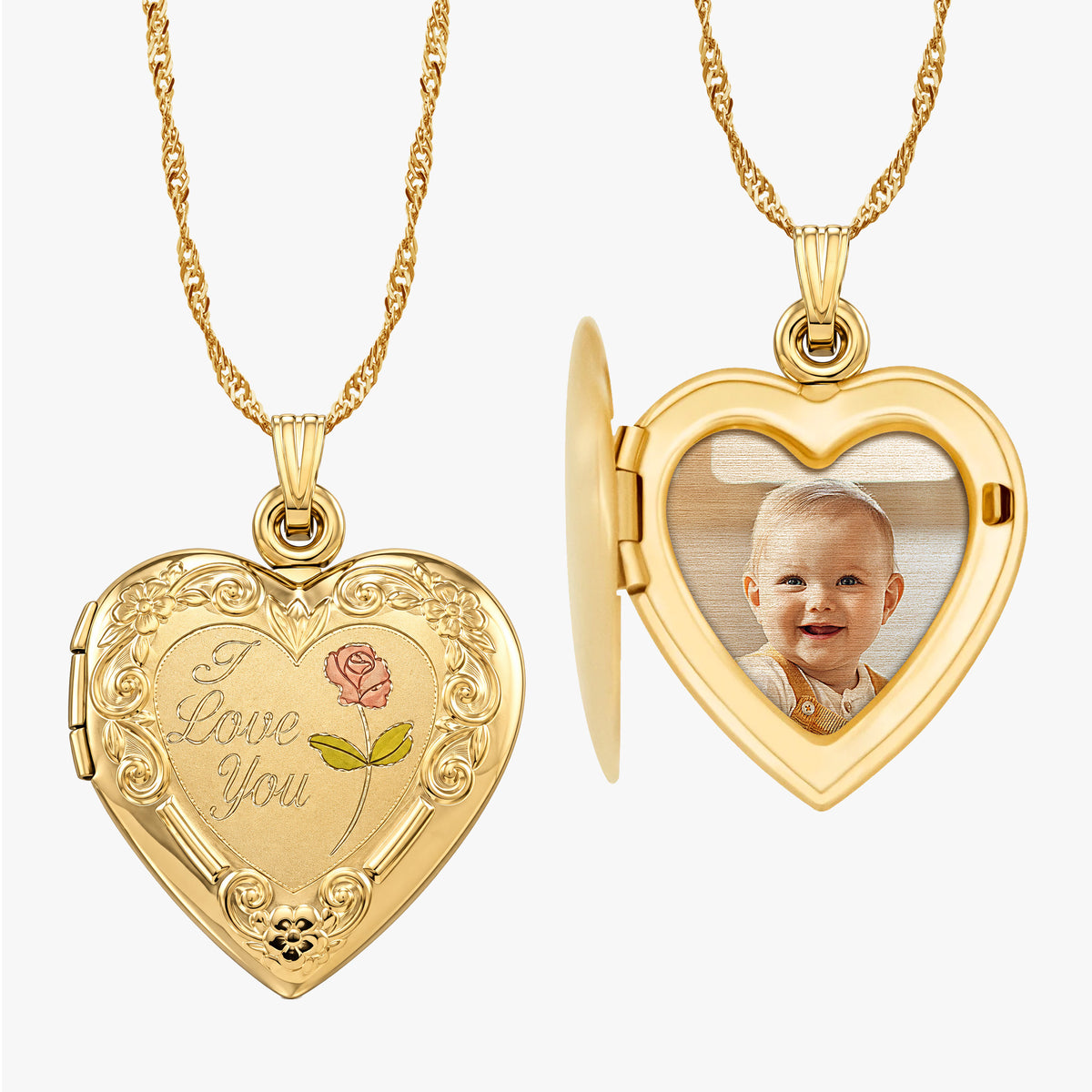 Solid 14K Yellow Gold I Love You Heart Photo Locket