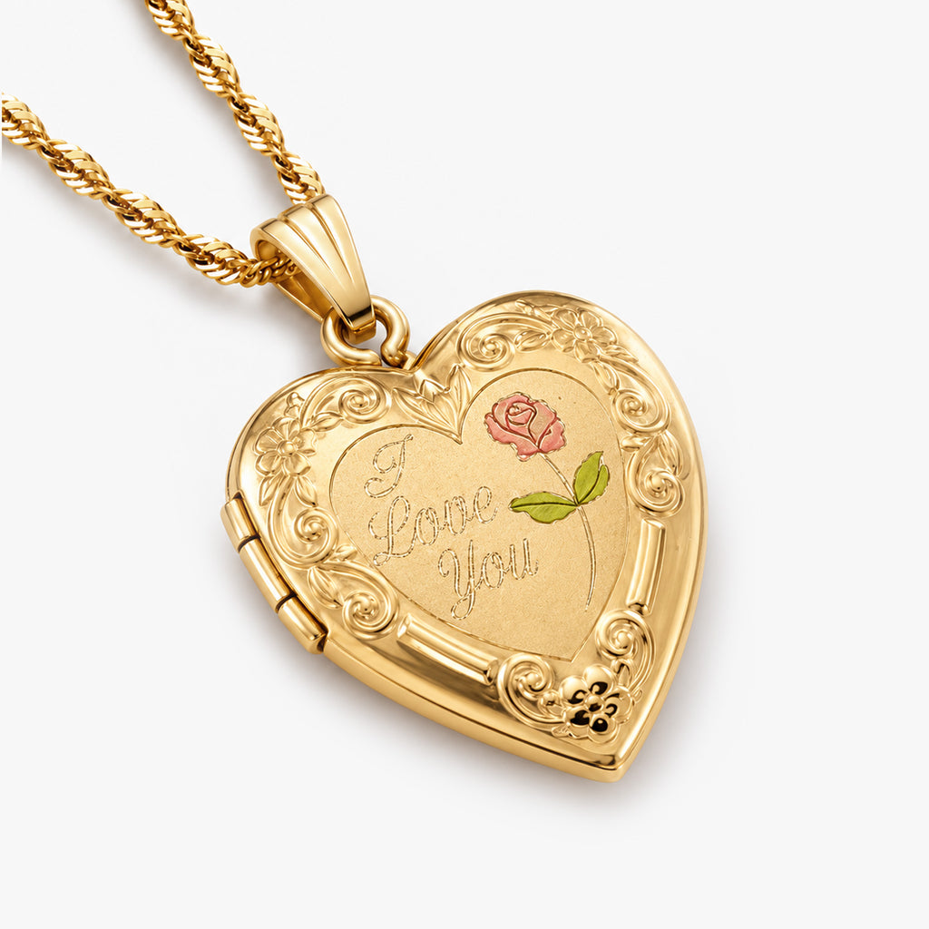 Solid 14K Yellow Gold I Love You Heart Photo Locket