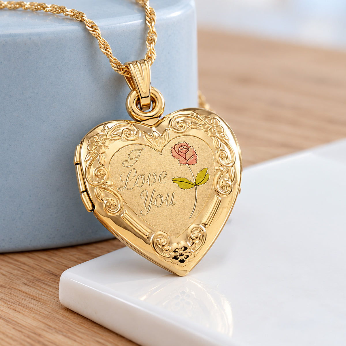 Solid 14K Yellow Gold I Love You Heart Photo Locket - lifestyle