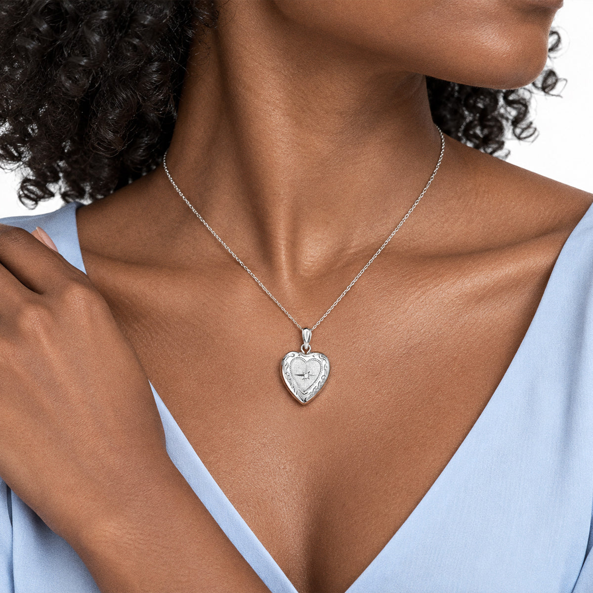 Small Diamond Heart Photo Locket - on model