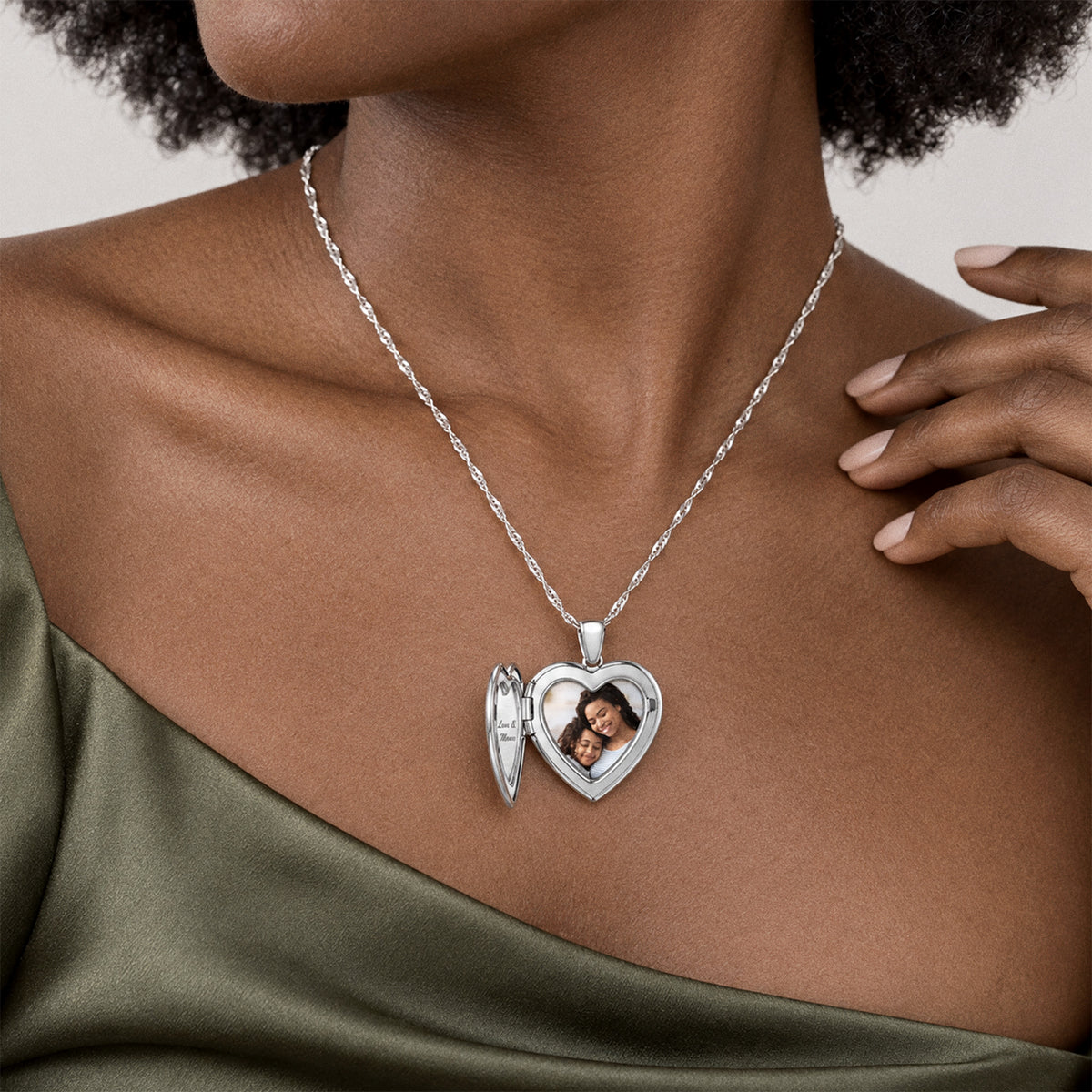 Diamond Heavy Weight Heart Photo Locket - on model