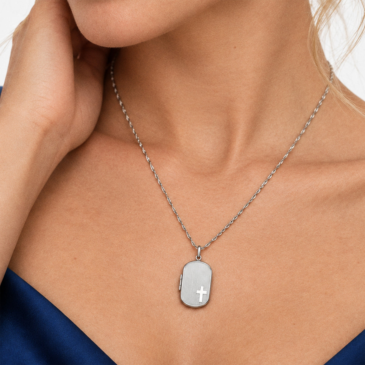Cross Dog Tag Photo Locket - on model