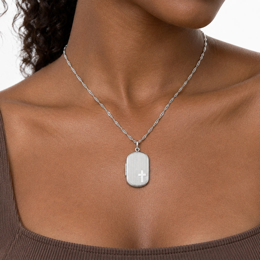 Cross Dogtag Photo Locket - on model