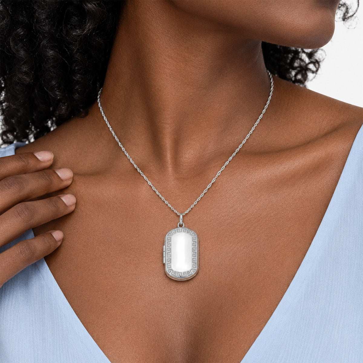 Greek Key Dog Tag Photo Locket - on model
