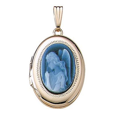Solid 14K Yellow Gold Angel Cameo Oval Photo Locket