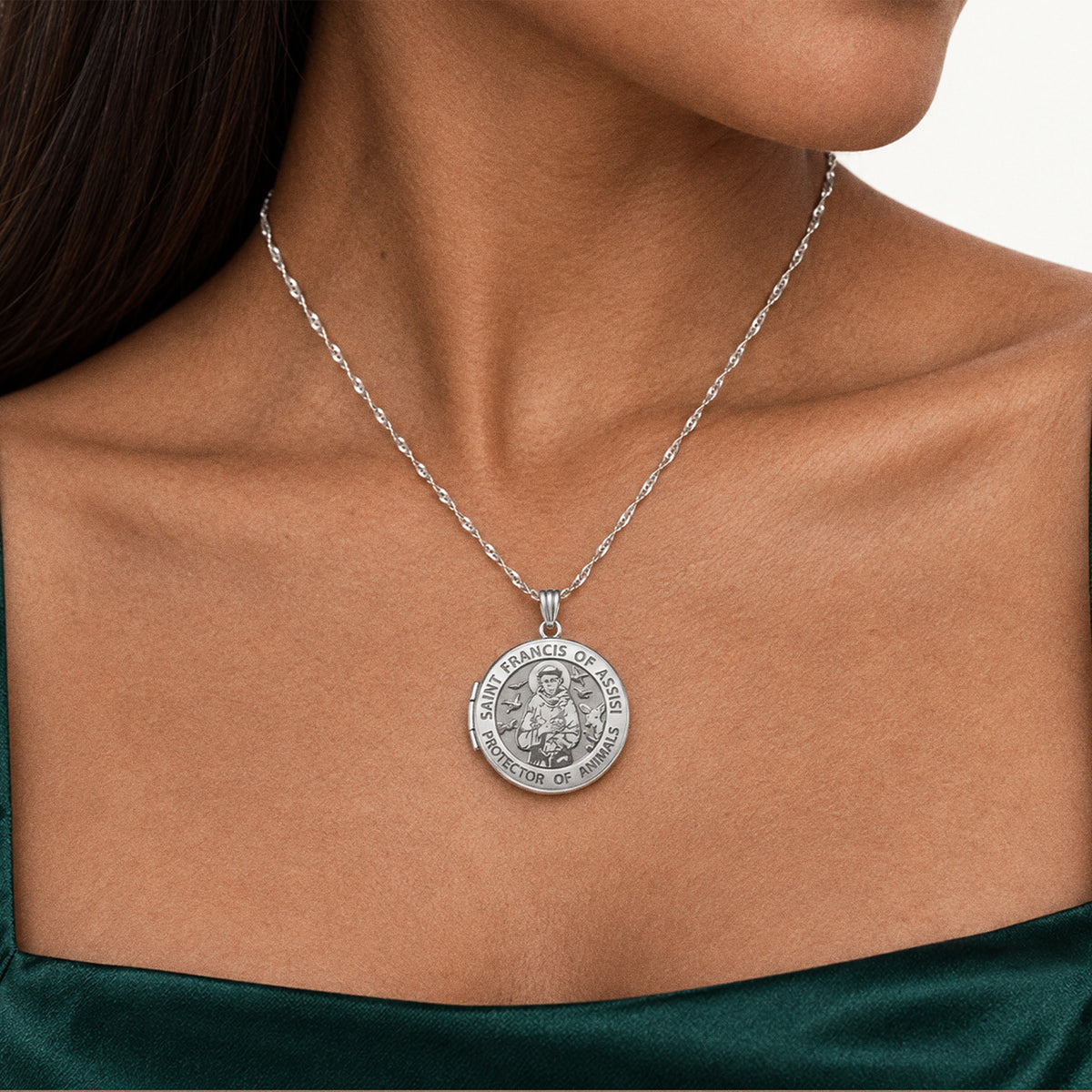 St. Francis Round Photo Locket - on model