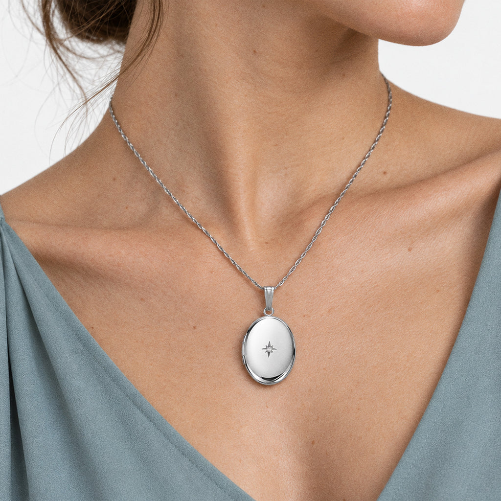 Diamond Oval Photo Locket - on model