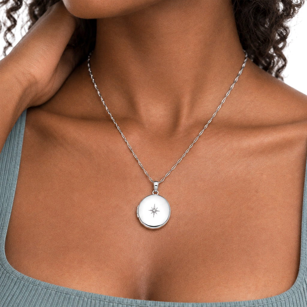 Diamond Round Photo Locket - on model
