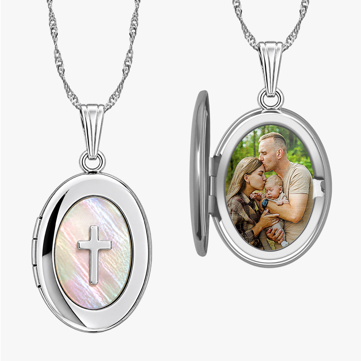 Mother of Pearl Cross Oval Photo Locket