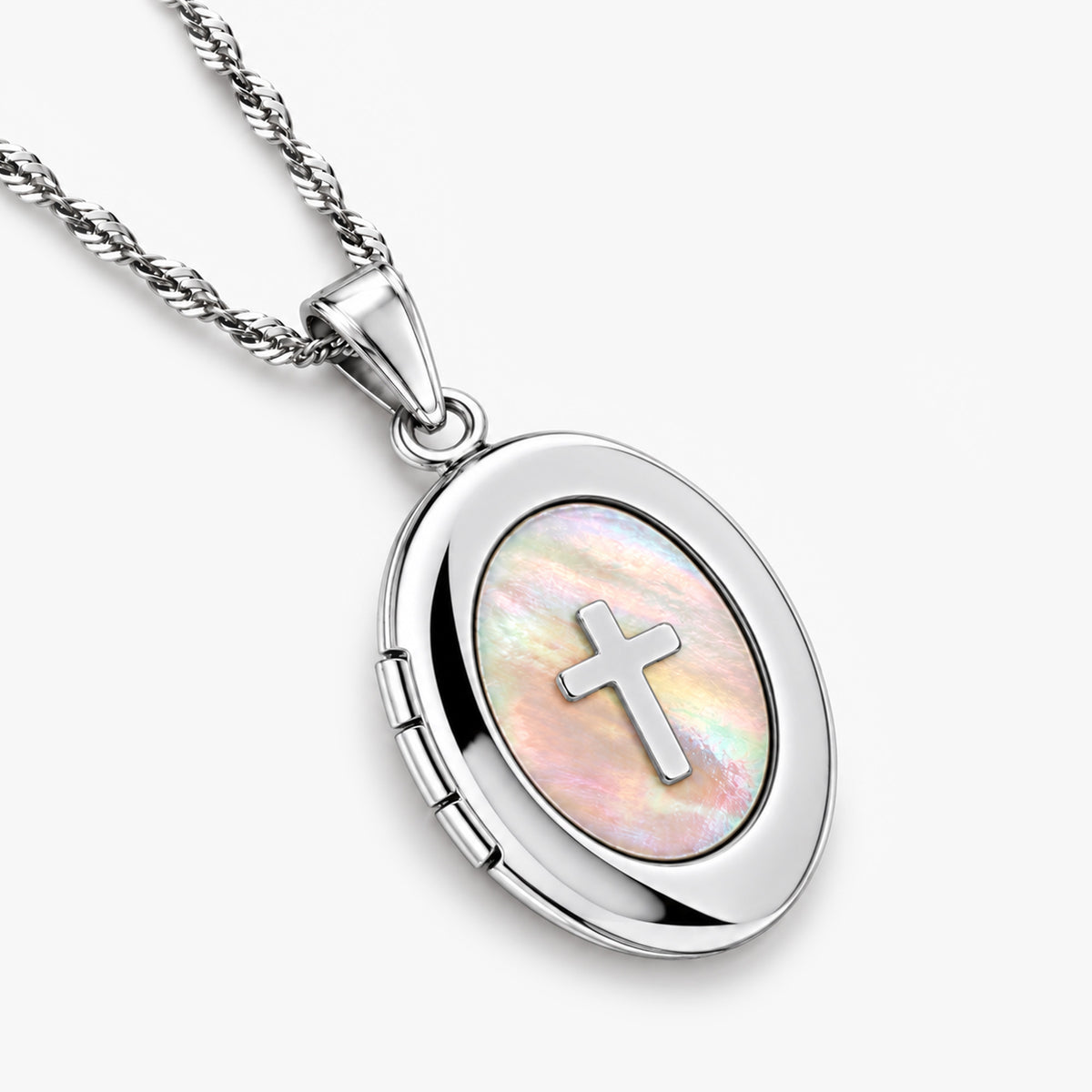 Mother of Pearl Cross Oval Photo Locket
