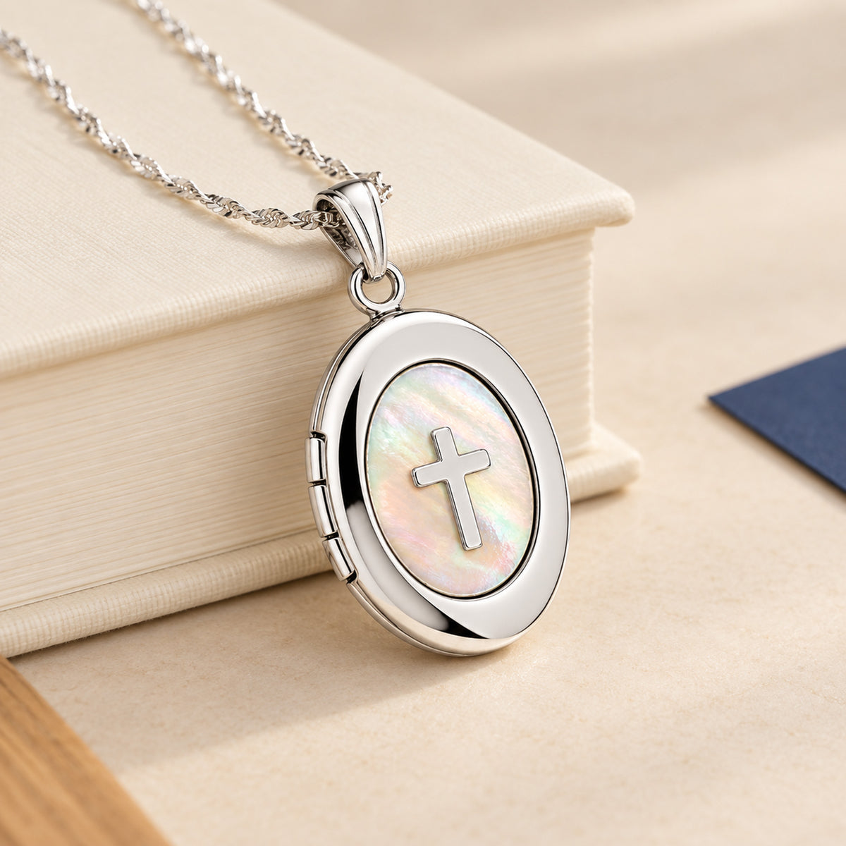 Mother of Pearl Cross Oval Photo Locket - lifestyle