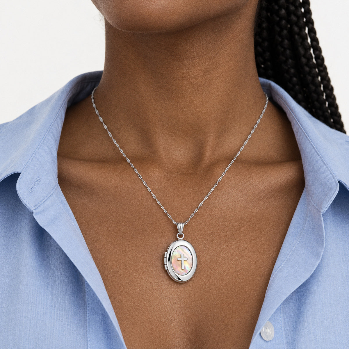 Mother of Pearl Cross Oval Photo Locket - on model