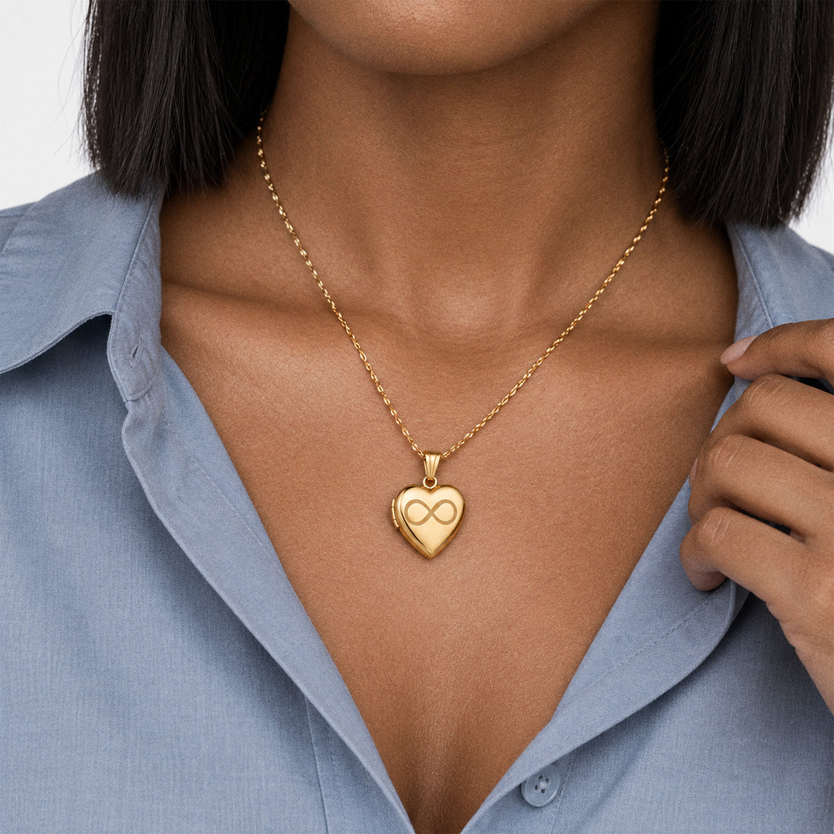 14K Gold-Filled Infinity Heart Photo Locket - on model