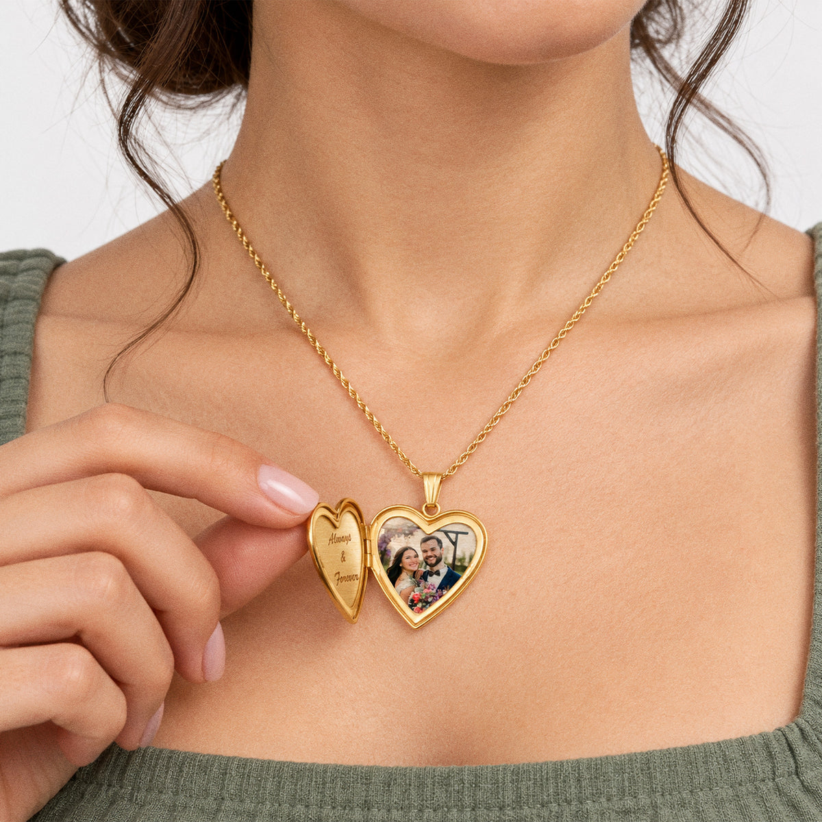 14K Gold-Filled Infinity Heart Photo Locket - on model