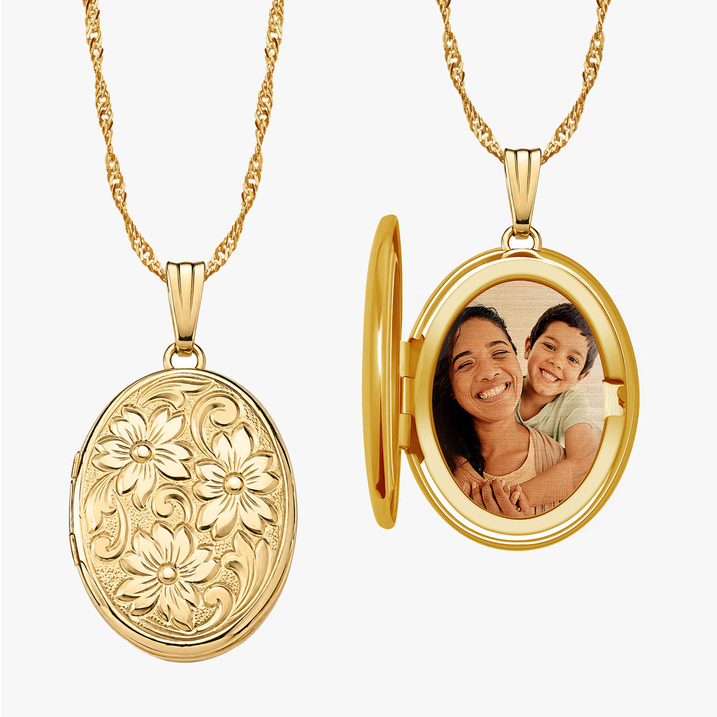 Solid 14K Yellow Gold Floral Oval Photo Locket