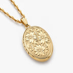 Solid 14K Yellow Gold Floral Oval Photo Locket