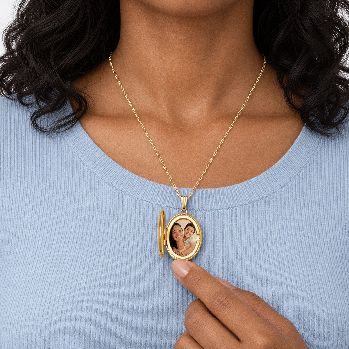 Solid 14K Yellow Gold Floral Oval Photo Locket - on model