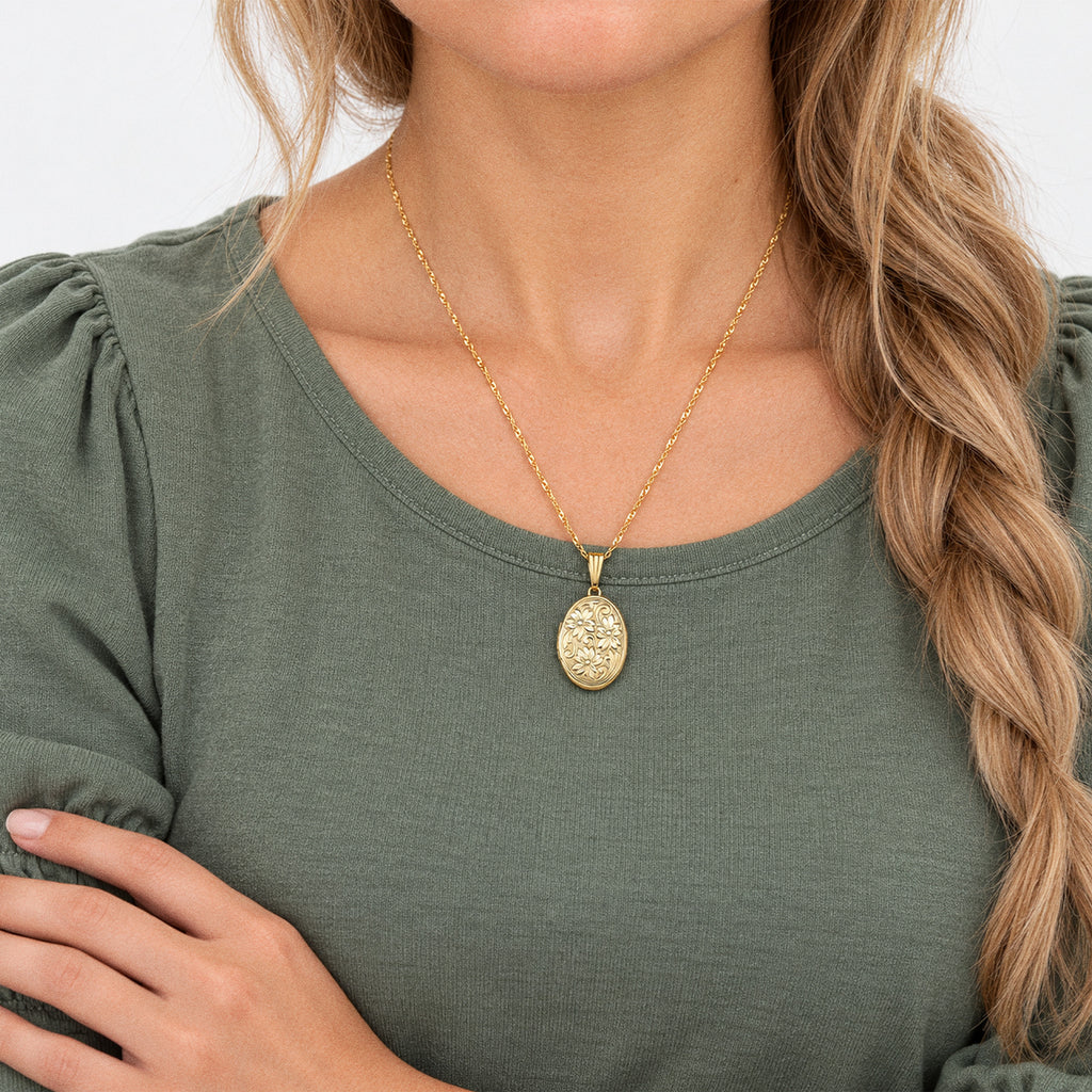 Solid 14K Yellow Gold Floral Oval Photo Locket - on model
