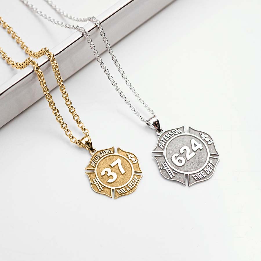 Gold and silver personalized firefighter badge necklaces photographed together. (PG71196, secondary photo 3)