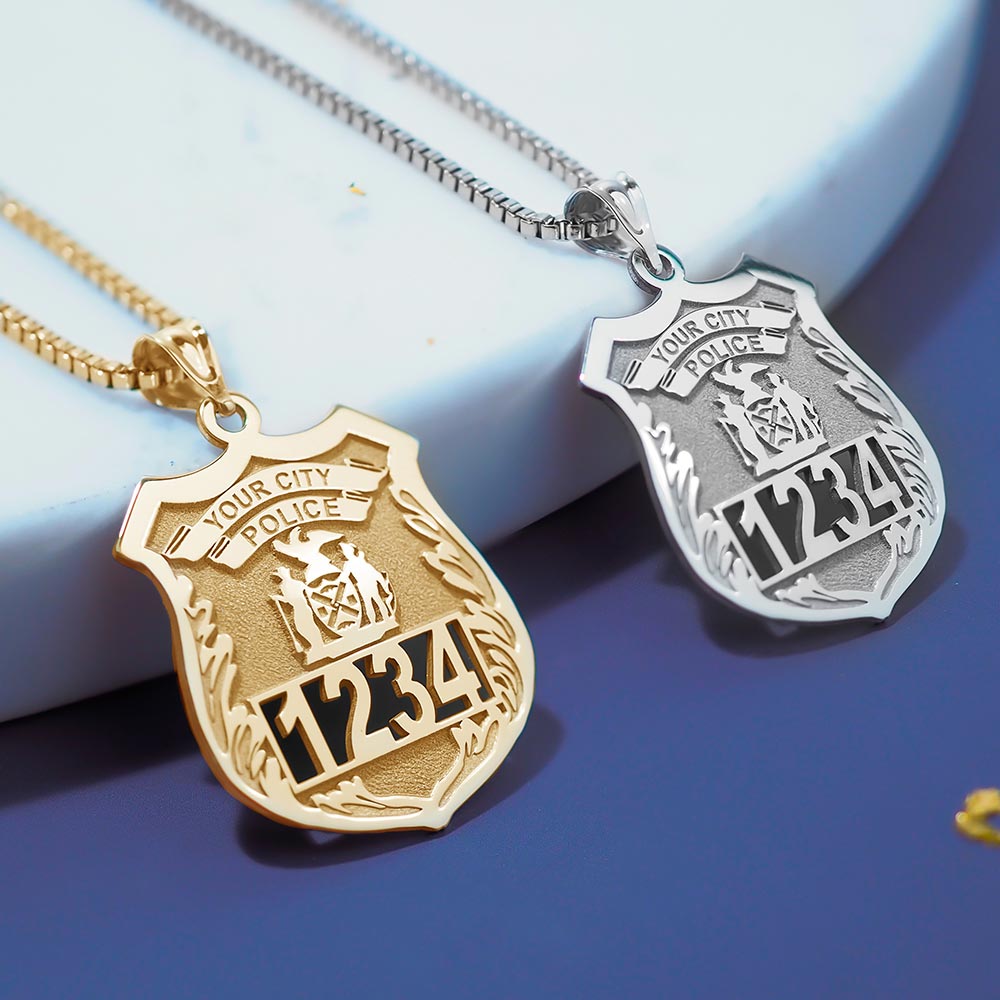 Personalized police badges — silver and yellow gold on chains