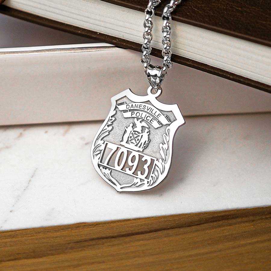 Personalized police badge — silver pendant detail