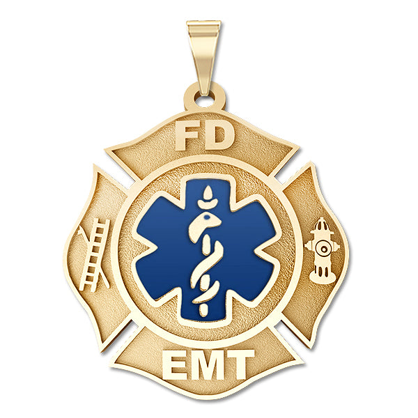 Gold firefighter EMT badge pendant with a blue center emblem. (PG71202, secondary photo 1)
