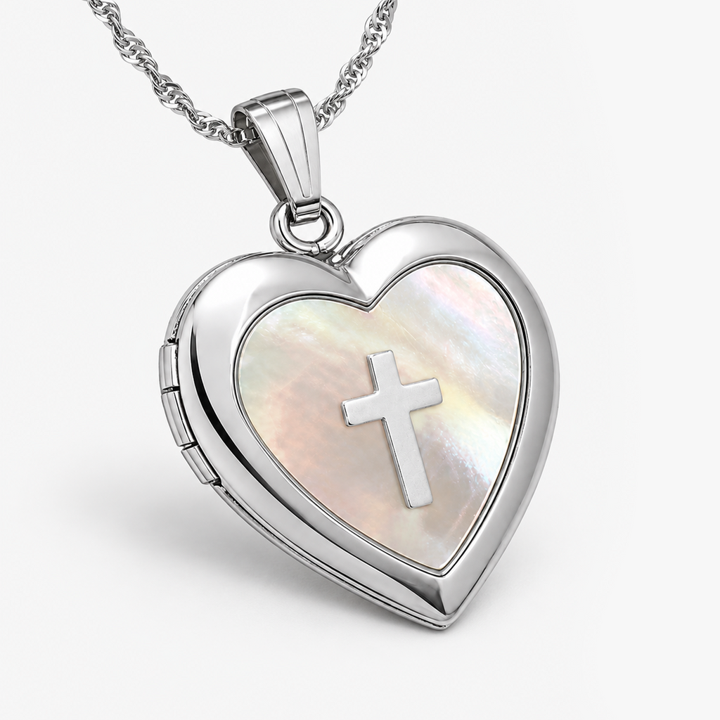 Mother of Pearl Cross Heart Photo Locket