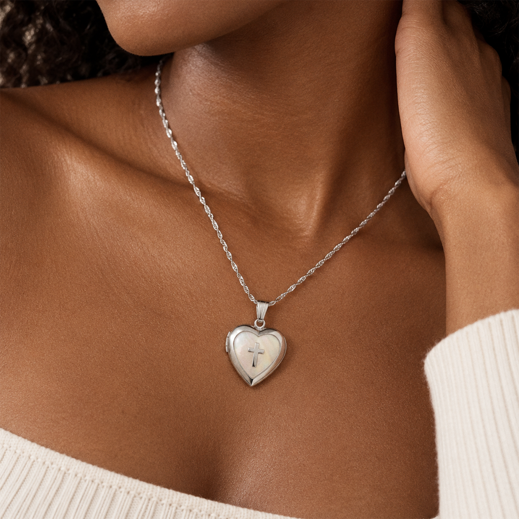 Mother of Pearl Cross Heart Photo Locket - on model