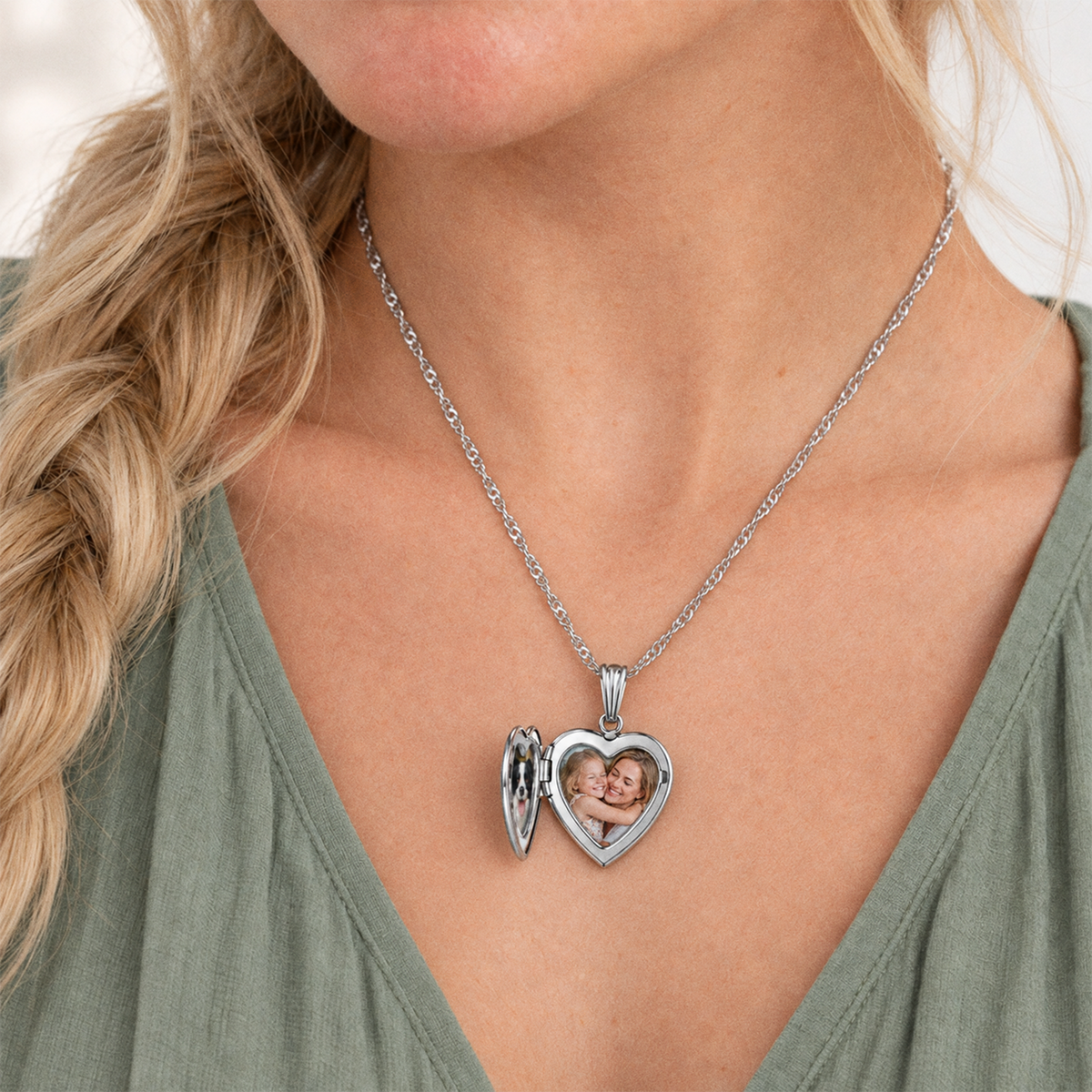Mother of Pearl Cross Heart Photo Locket - on model