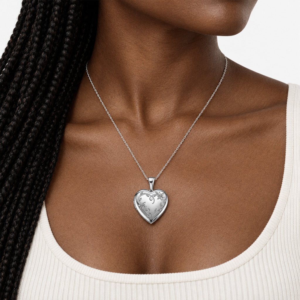 Floral Vine Heart Photo Locket - on model