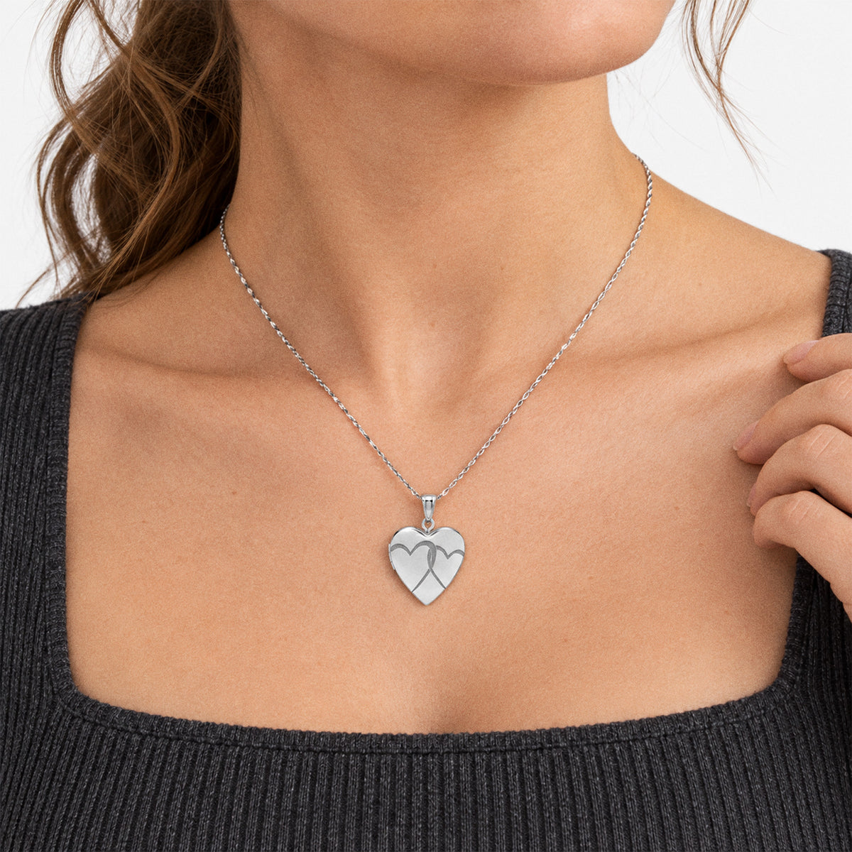Interlocking Hearts Heart Photo Locket - on model