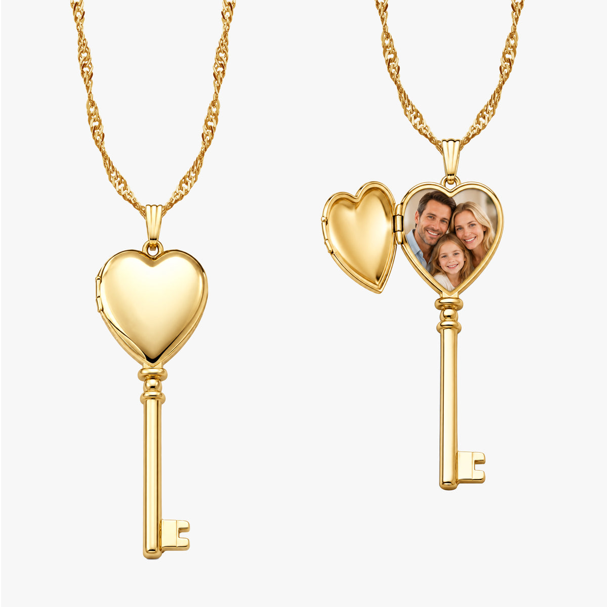 Solid 14K Yellow Gold Key Heart Photo Locket