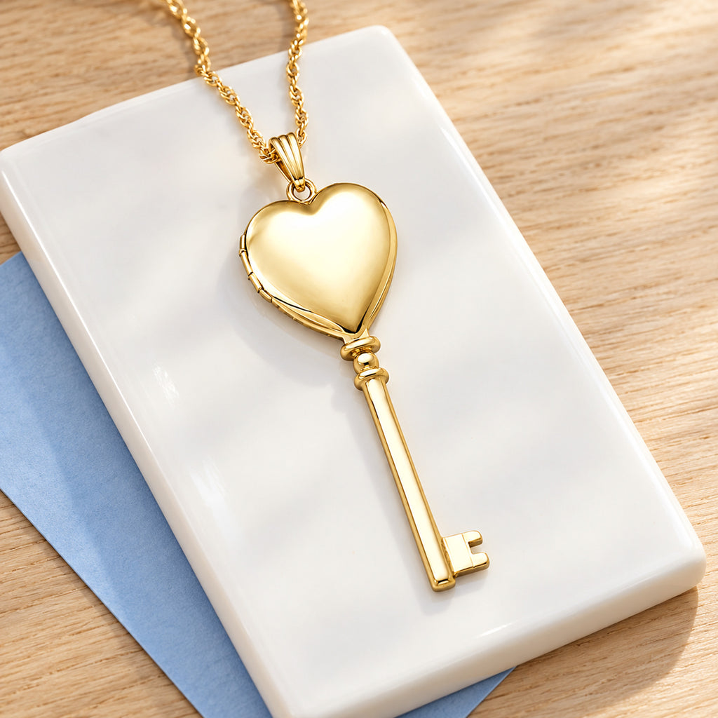 Solid 14K Yellow Gold Key Heart Photo Locket - lifestyle
