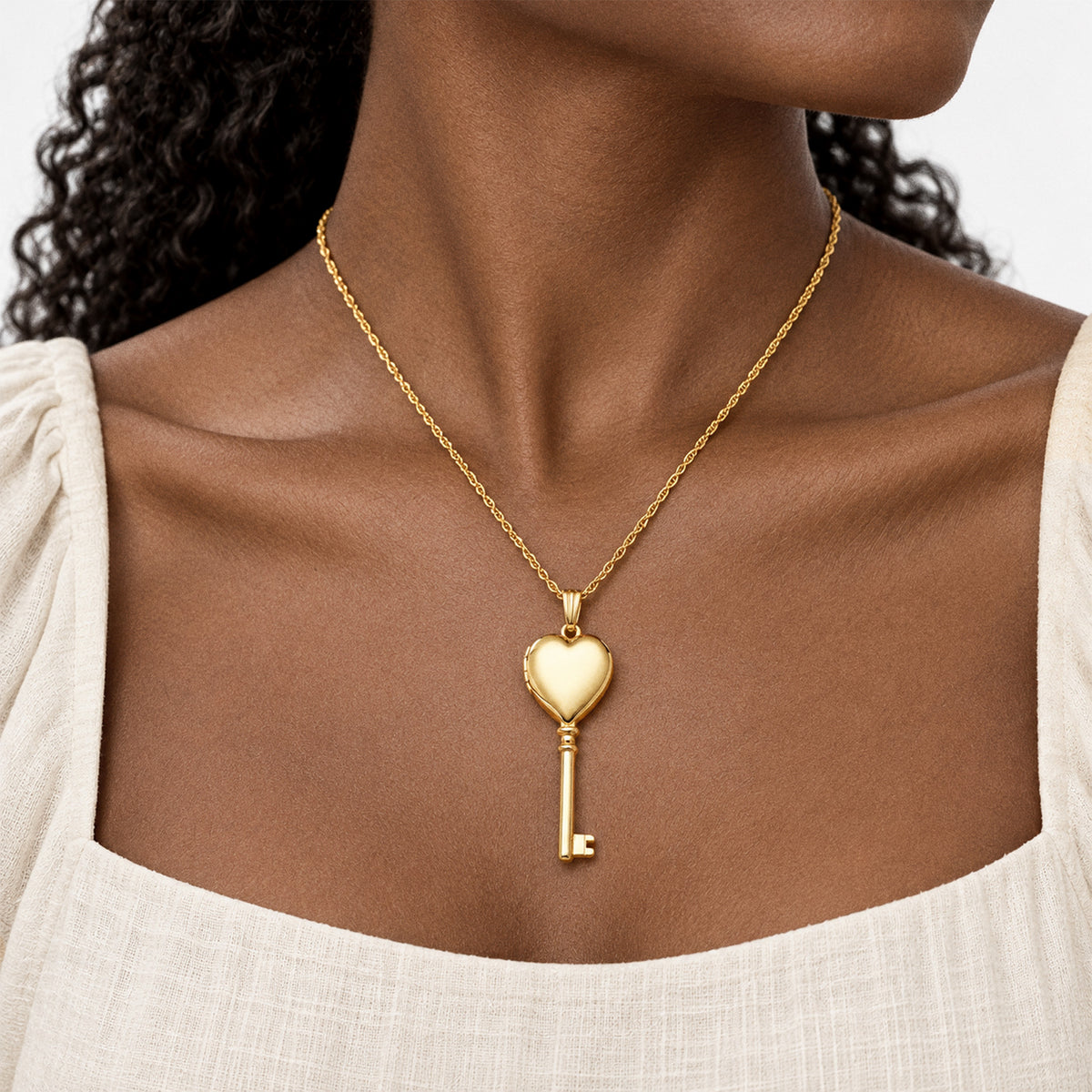 Solid 14K Yellow Gold Key Heart Photo Locket - on model