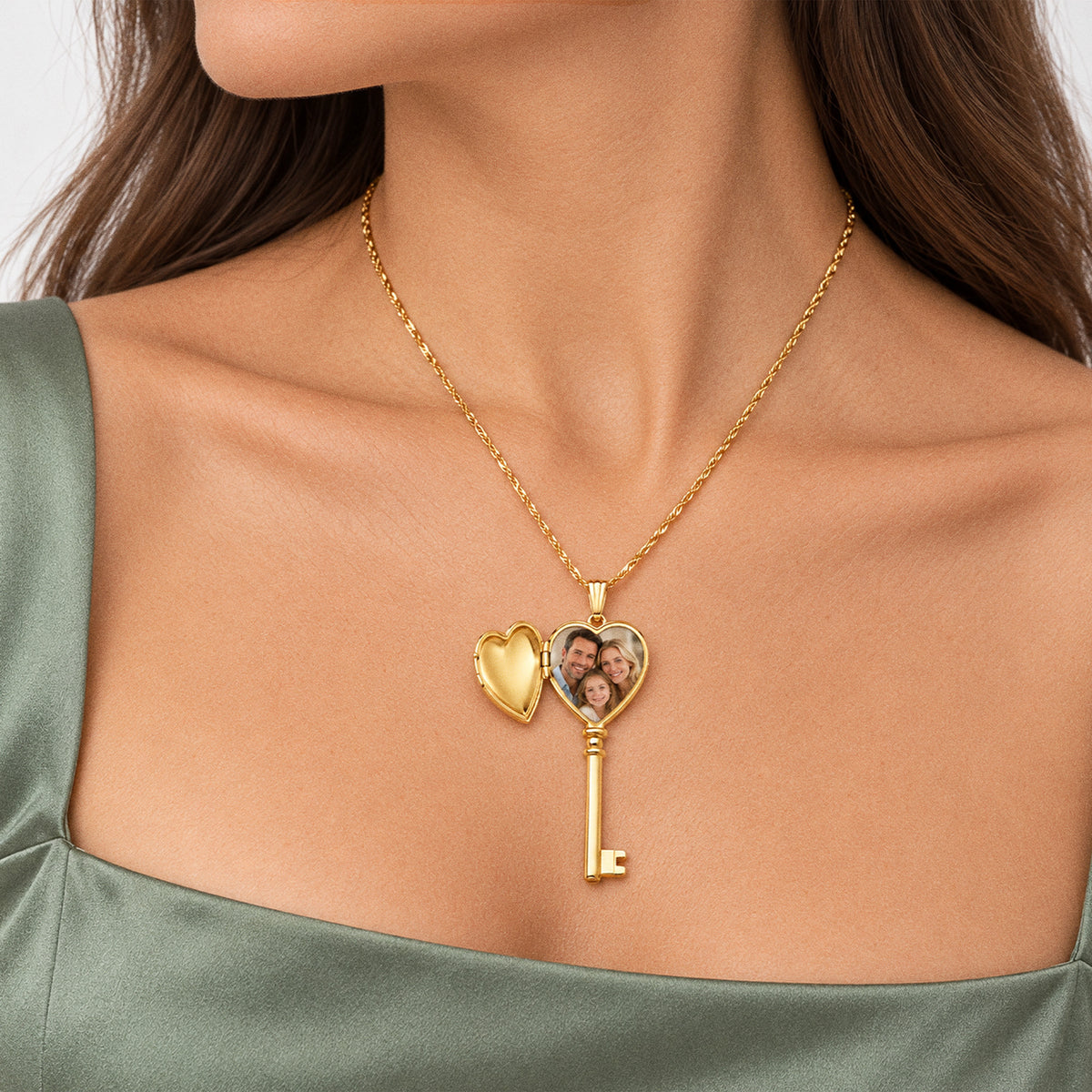 Solid 14K Yellow Gold Key Heart Photo Locket - on model