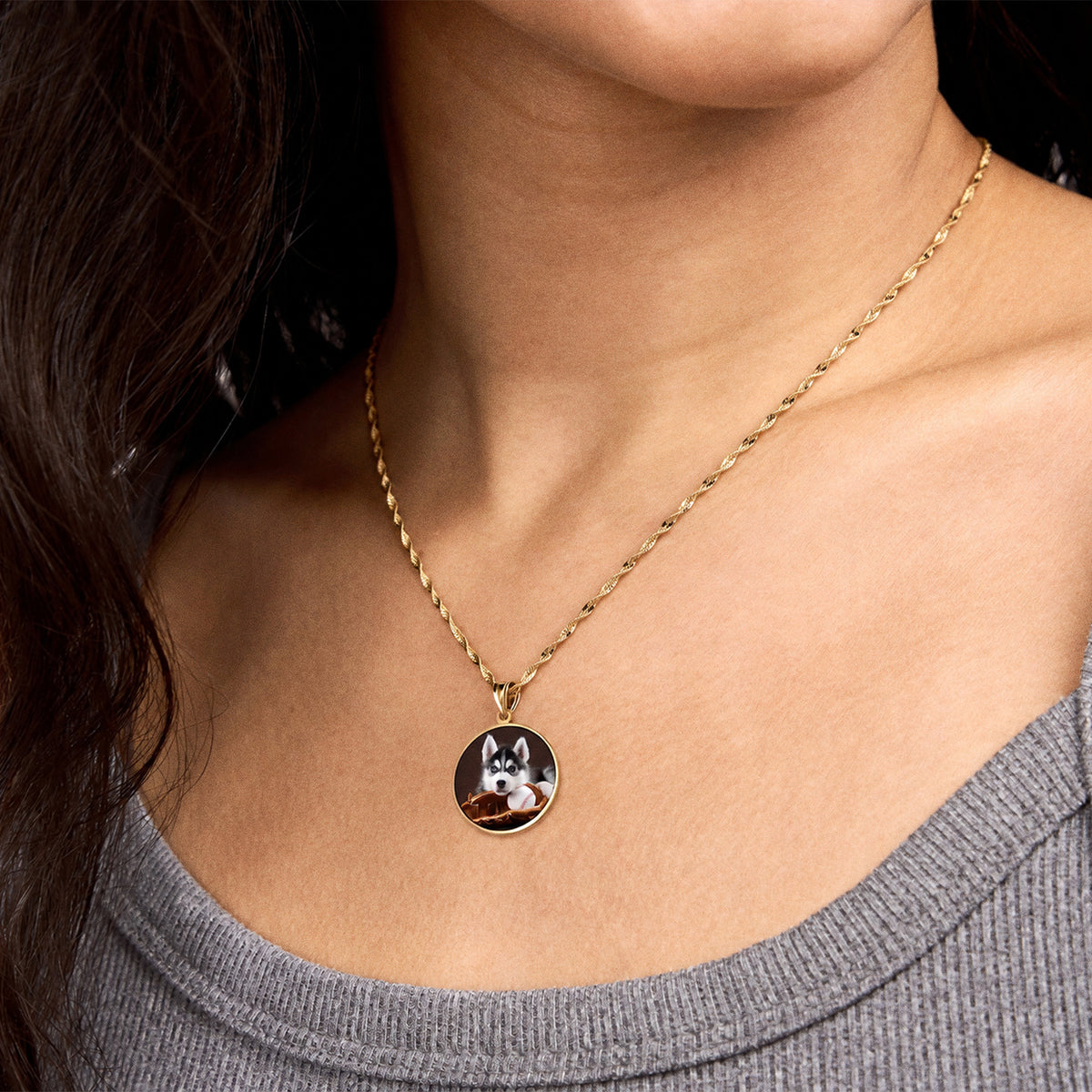 Round with Border Photo Pendant - on model