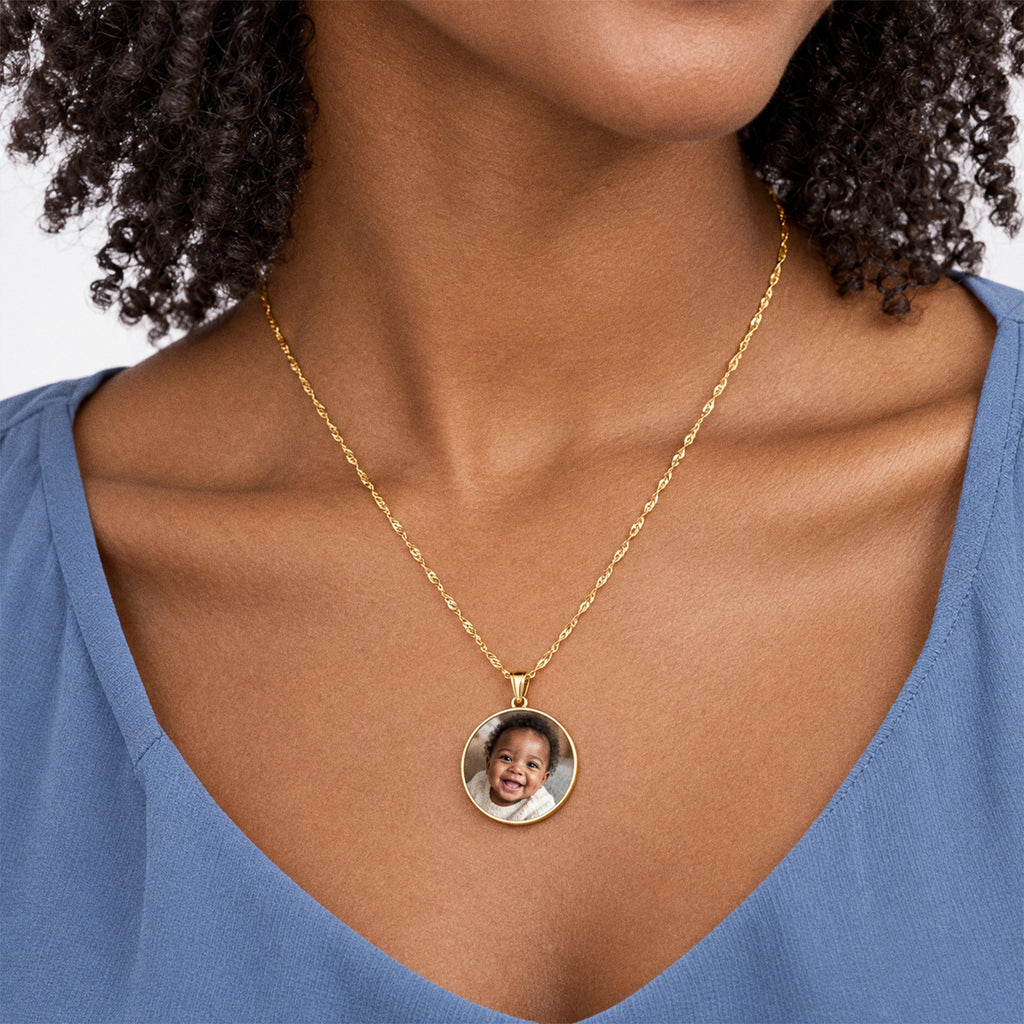 Round with Border Photo Pendant - on model