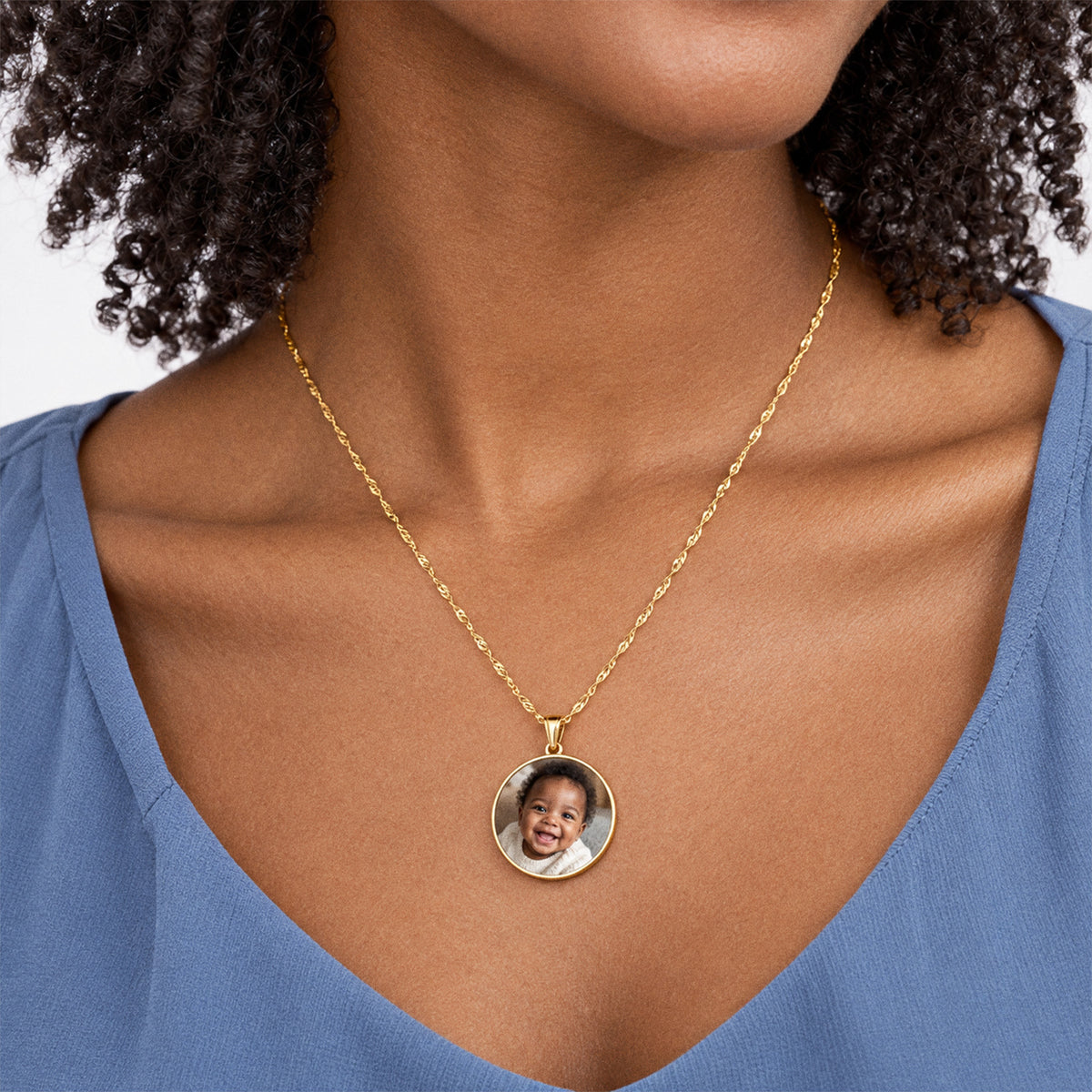 Round with Border Photo Pendant - on model